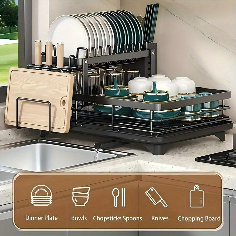 Égouttoir à vaisselle à 2 niveaux pour comptoir de cuisine avec plateau d'égouttage, tapis de drainage, porte-couteaux, porte-fourchettes, porte-gobelets, organisateur d'ustensiles, accessoire de cuisine, cadeau pour femme pour la fête des mères