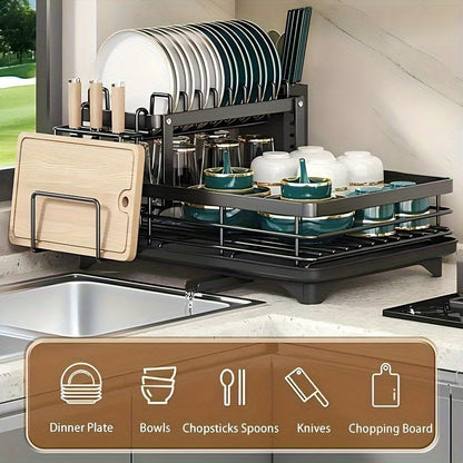Égouttoir à vaisselle à 2 niveaux pour comptoir de cuisine avec plateau d'égouttage, tapis de drainage, porte-couteaux, porte-fourchettes, porte-gobelets, organisateur d'ustensiles, accessoire de cuisine, cadeau pour femme pour la fête des mères