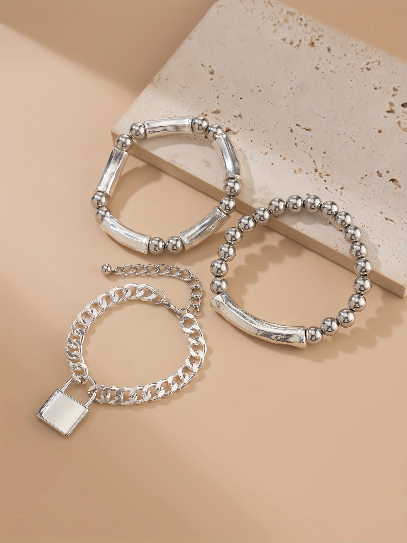 3pcs 925 Sterling Silver Beaded Punk Bracelet Set with Lock Pendant – Exquisite Stackable Edgy Silver Wrist Jewelry for Women Men Teens, Party Festival Daily Wear Gift