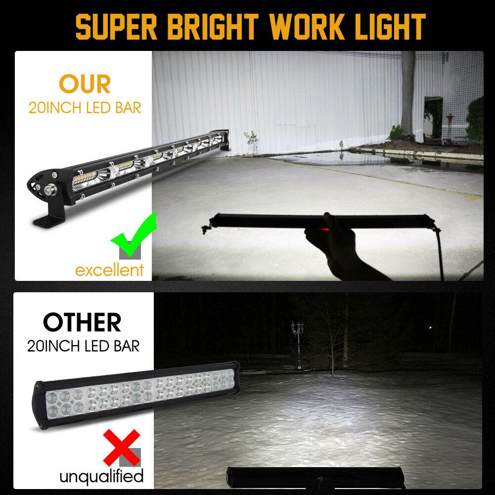 Barre lumineuse LED 20 pouces 180W pour tout-terrain, simple rangée – Lampe de travail ultra mince 12V/24V pour camion, VTT, VUS, tracteur, Jeep et bateau – Blanc 6000K, durée de vie de 50 000 heures – Velora