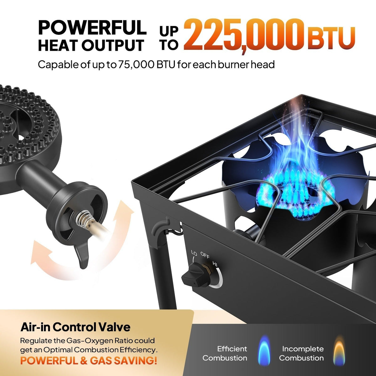 Réchaud à propane haute pression 100 000 - 225 000 BTU - Réchaud de camping extérieur robuste en fonte avec pieds détachables, régulateur certifié CSA, 1 ou 3 brûleurs pour le camping, les fêtes d'avant-match et le brassage
