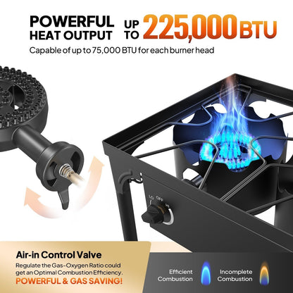 Réchaud à propane haute pression 100 000 - 225 000 BTU - Réchaud de camping extérieur robuste en fonte avec pieds détachables, régulateur certifié CSA, 1 ou 3 brûleurs pour le camping, les fêtes d'avant-match et le brassage