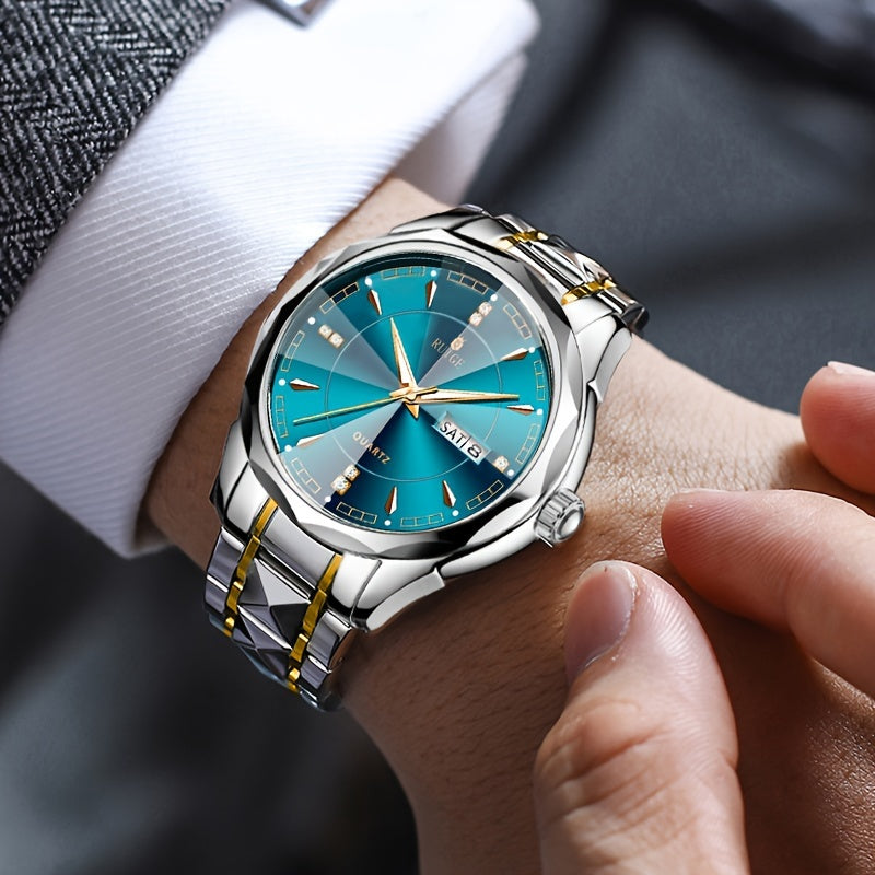 Montre à quartz pour homme RUIGE – Veilleuse, double calendrier, cadran à facettes façon diamant, boîtier en acier inoxydable, bracelet en alliage, montre-bracelet business décontracté, cadeau idéal pour la fête des pères