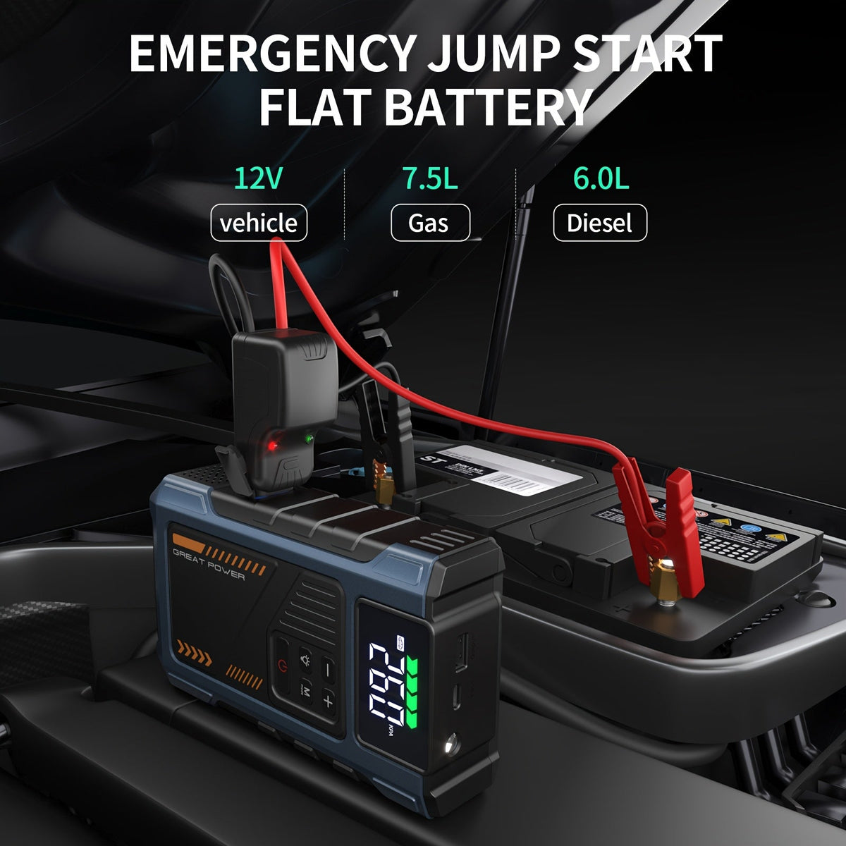 Démarreur de voiture 4000A avec compresseur d'air et gonfleur de pneus – Booster de batterie portable tout-en-un pour moteurs essence et diesel, lampe LED, batterie externe USB, affichage numérique, démarreur d'urgence compact