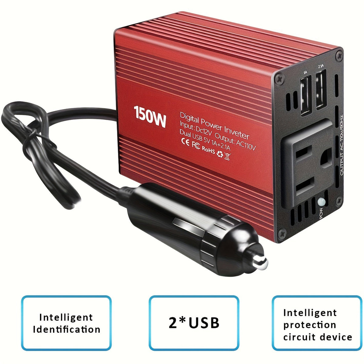 Convertisseur de tension pour voiture 150 W, 12 V CC à 110 V CA avec double port USB 3,1 A – Adaptateur secteur pour ordinateur portable, téléphone, tablette, essentiel pour les trajets en voiture
