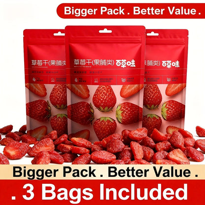 Fraises séchées en collation, lot de 3 sachets, faible teneur en sucre, fruit naturel sans gluten, pour fêtes de bureau et vacances
