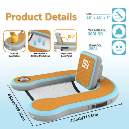 Chaise flottante gonflable pour adulte 114 cm x 61 cm x 15 cm, siège en filet avec mousse souple EVA de 12 mm et porte-gobelet intégré - Matelas flottant pour piscine, lac et bateau, disponible en lot de 1 ou 2 pièces