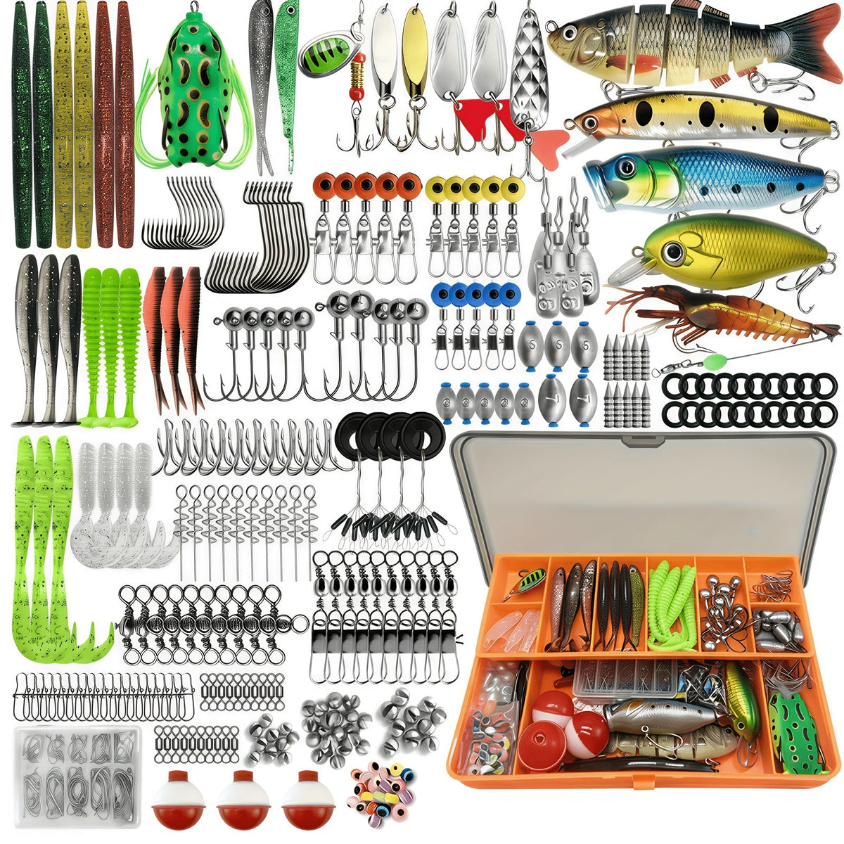 Kit de pêche de 133 pièces avec cuillers, leurres articulés, têtes plombées, plombs, hameçons et boîte de rangement – Ensemble complet pour débutants en eau douce pour la pêche au bar, à la truite et aux poissons-pan.
