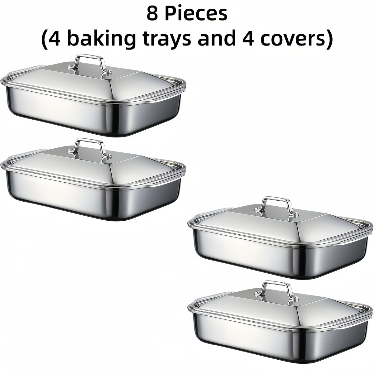 Ensemble de plats de cuisson en acier inoxydable avec couvercles – Grands plateaux de four rectangulaires antiadhésifs et robustes pour rôtir, pain, desserts, fruits de mer, barbecue et service buffet, options de lots de 2, 4, 6 ou 8