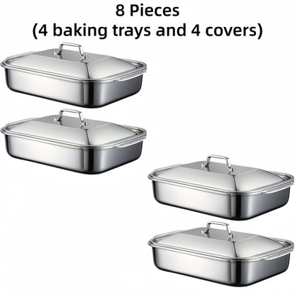 Ensemble de plats de cuisson en acier inoxydable avec couvercles – Grands plateaux de four rectangulaires antiadhésifs et robustes pour rôtir, pain, desserts, fruits de mer, barbecue et service buffet, options de lots de 2, 4, 6 ou 8