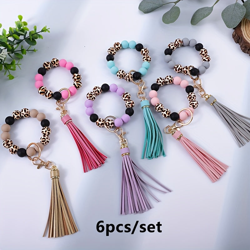 Lot de 6 porte-clés en perles de bois à motif léopard avec pompon et perles en silicone – Porte-clés de poignet idéal pour offrir à maman, à des amis ou pour les fêtes