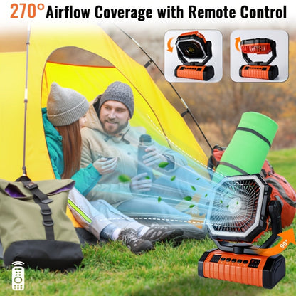 Ventilateur de camping rechargeable 20000 mAh avec éclairage LED intégré, crochet de tente, chargement USB, ventilateur de refroidissement portable sur batterie pour camping, randonnée, pannes de courant, chantiers de construction, modèle orange amélioré