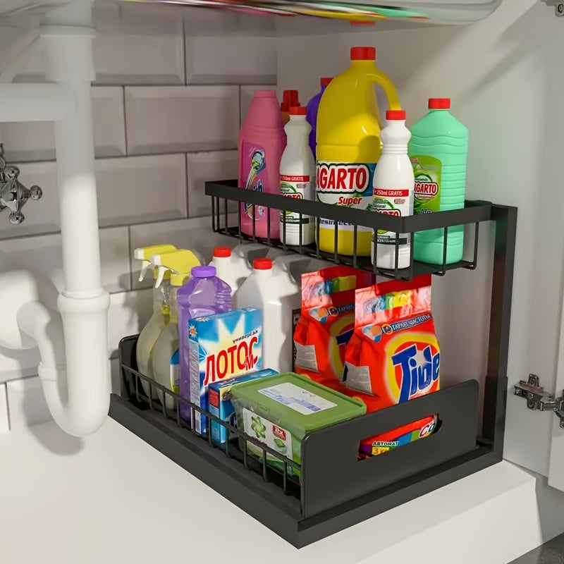Organisateur sous évier coulissant à 2 niveaux pour cuisine et salle de bain, étagère de rangement extractible – Noir, blanc ou gris clair, lot de 1 ou 2