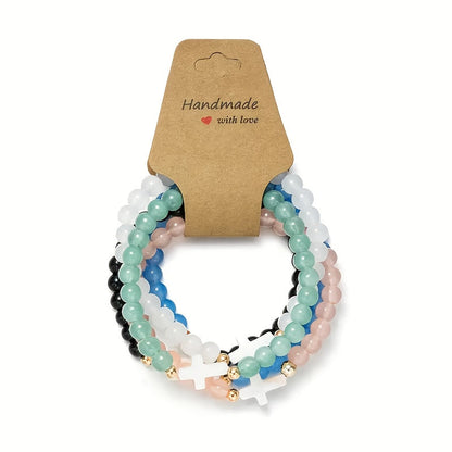 Lot de 10 bracelets bohèmes en perles de verre avec croix – Bracelets élastiques multi-rangs empilables avec accents en zircon et alliage de zinc, bijoux élégants pour le quotidien, les fêtes et les cadeaux