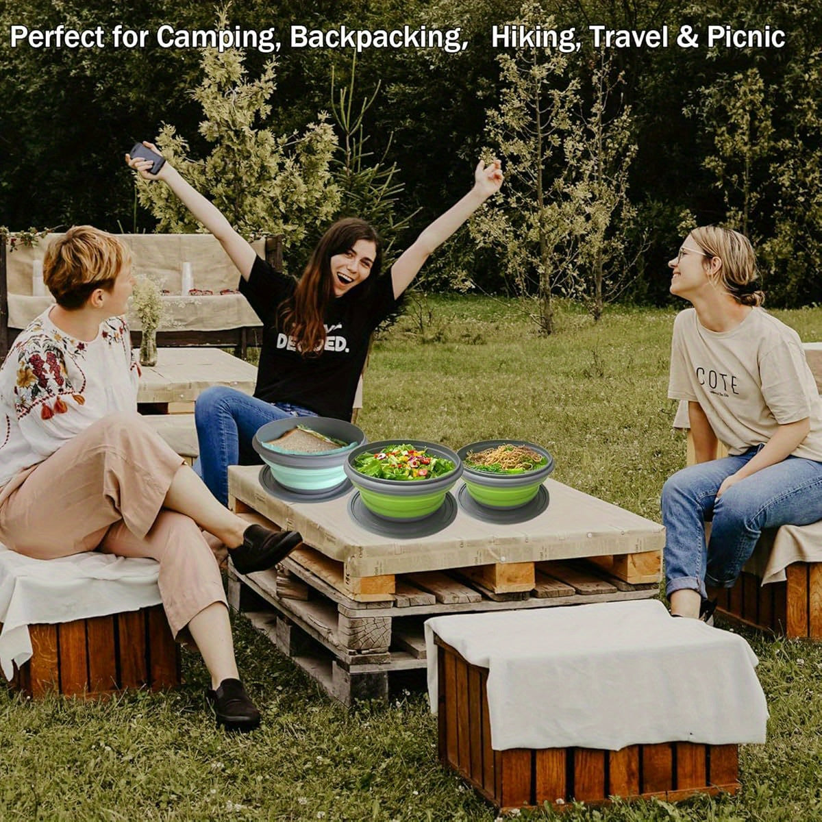 Ensemble de 3 bols de camping pliables en silicone avec couvercles, ustensiles pliants et sac de rangement, contenants alimentaires empilables et portables pour le camping, la randonnée, les voyages et le déjeuner, bleu/rose