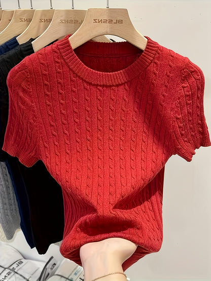 Pull femme en jacquard à manches courtes, chic, tricot torsadé, col rond, ourlet et poignets côtelés, léger, viscose, printemps-été, décontracté, S M L XL XXL