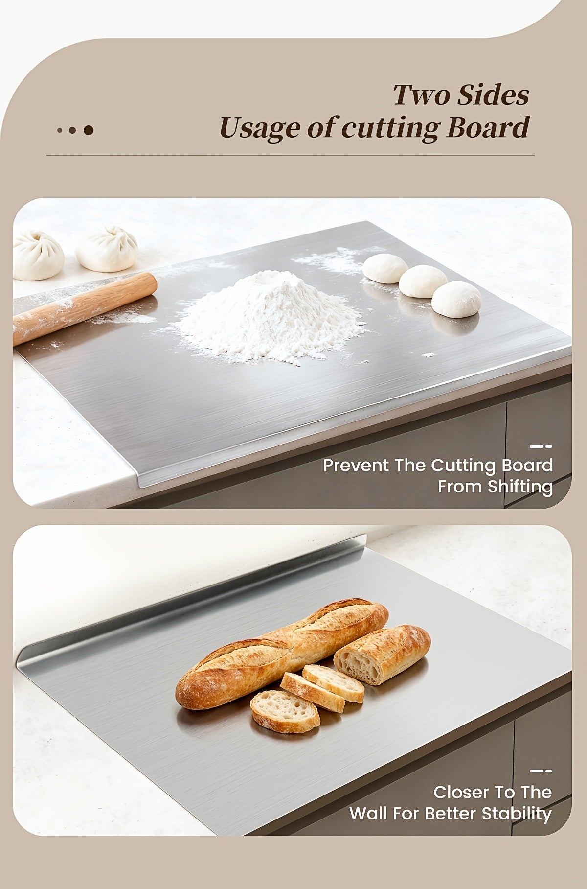 Planche à découper en acier inoxydable 304 – Billot de cuisine antirouille, facile à nettoyer, disponible en 3 tailles (40 cm × 30 cm, 50 cm × 40 cm, 60 cm × 40 cm)