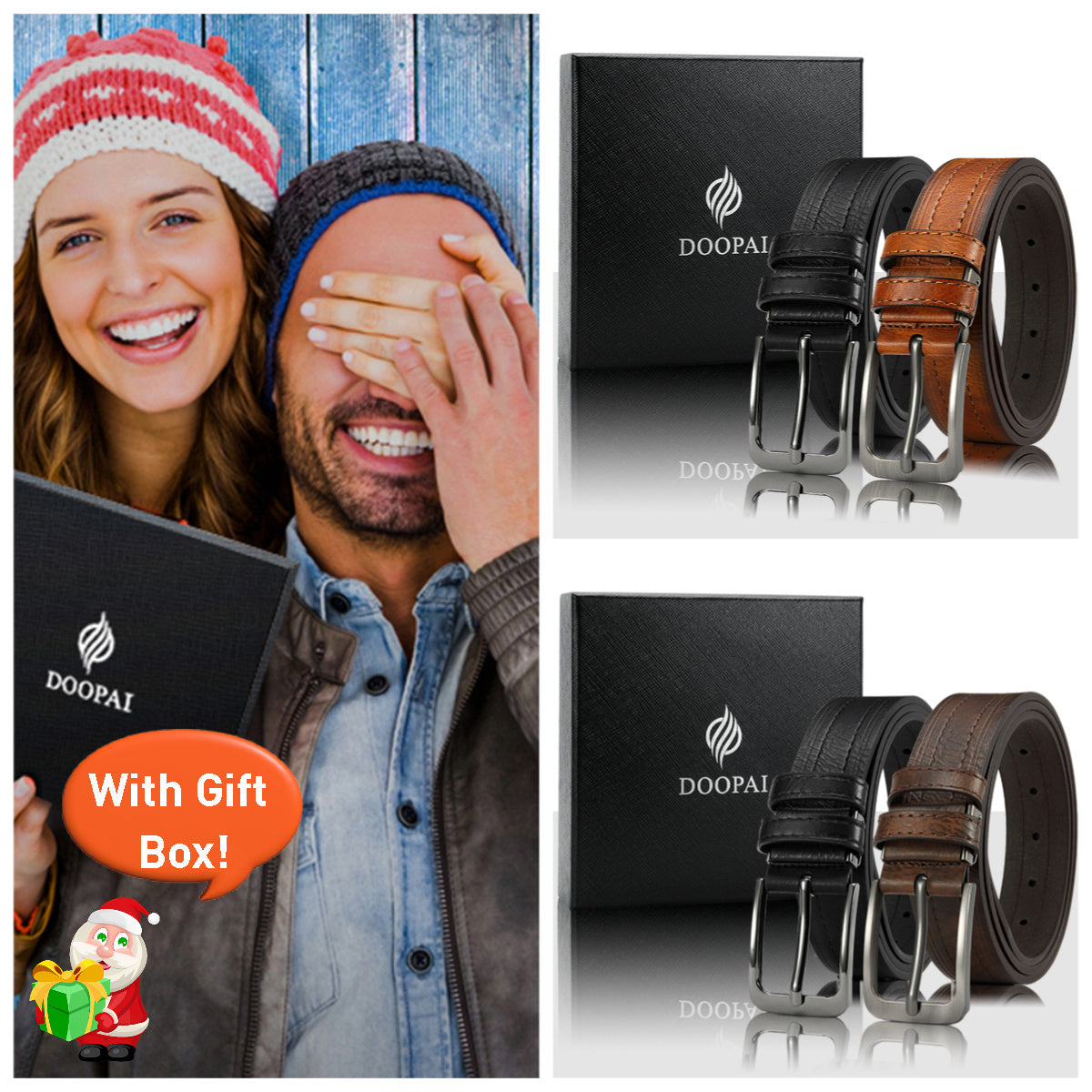 Lot de 2 ceintures pour homme en cuir de vachette véritable avec coffret cadeau – Ceinture classique vintage à boucle ardillon réglable pour jean, tailles 30"-52"