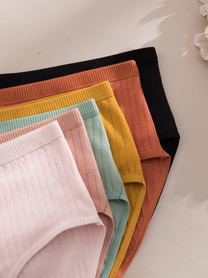 Lot de 6 culottes string côtelées – Sous-vêtements triangulaires pour femmes, doux, respirants et taille mi-haute, texture en maille côtelée, couleurs unies, culottes quotidiennes adaptées à la maternité