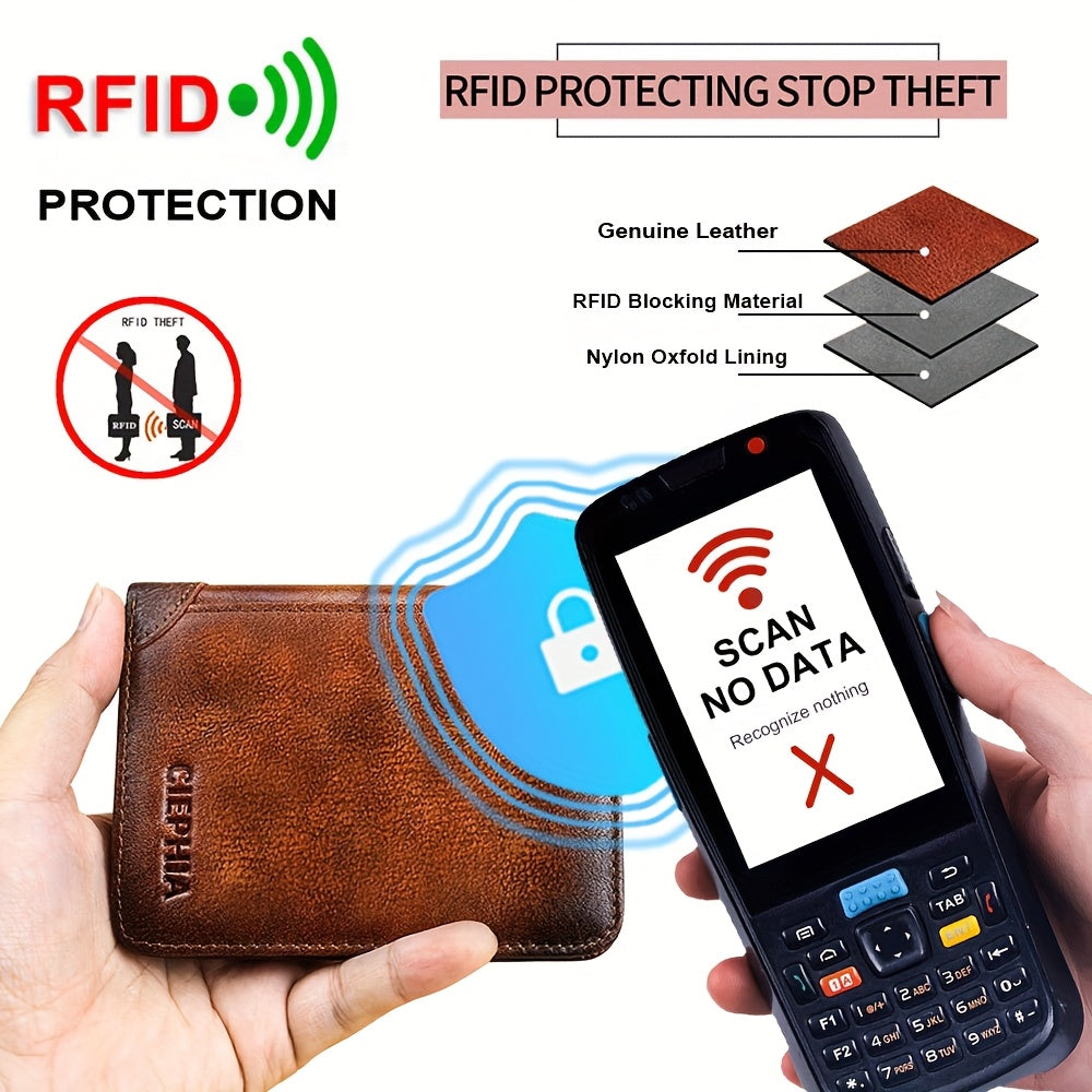 Portefeuille pour homme en cuir véritable avec protection RFID, trois volets, cuir de vachette vintage, porte-cartes de crédit, 2 fenêtres pour carte d'identité, pince à billets, emplacements pour espèces, cadeau de fête des pères pour papa ou mari