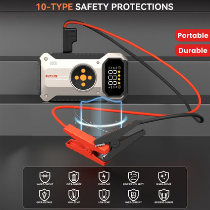 Démarreur de voiture 5000A avec compresseur d'air 150 PSI – Batterie de secours portable 12000 mAh, gonfleur de pneu numérique, USB-C et USB-A, lampe de secours LED pour moteurs essence et diesel 12V