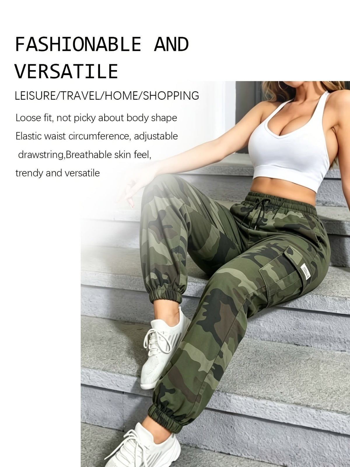 Pantalon cargo camouflage pour femme – Pantalon long décontracté pour la randonnée et le plein air, léger et respirant, multipoches, taille élastique, XS-XXL, camouflage