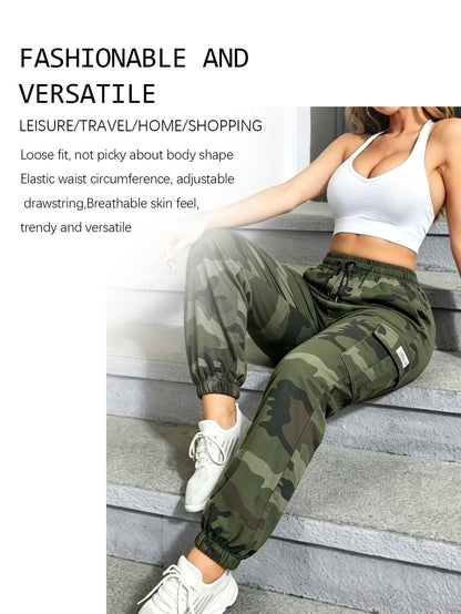Pantalon cargo camouflage pour femme – Pantalon long décontracté pour la randonnée et le plein air, léger et respirant, multipoches, taille élastique, XS-XXL, camouflage