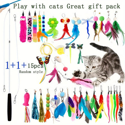 Ensemble de jouets interactifs pour chat : canne télescopique avec plumes de rechange aléatoires pour l'exercice et le jeu des chats d'intérieur, sans pile nécessaire, choix de 5, 10, 15, 20 ou 25 têtes.