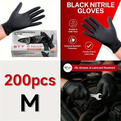 Gants jetables en nitrile noir, boîte de 200 – Épaisseur 6 mil, sans latex, sans poudre, résistants aux produits chimiques, forme flexible et ajustée, S/M/L/XL pour la mécanique, l'entretien, le nettoyage, la restauration et l'usage médical