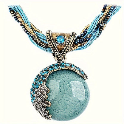 Collier ras-du-cou bohème avec pendentif en turquoise et strass pour femme, bijou vintage à chaîne en corde tressée torsadée, ajustable et imposant