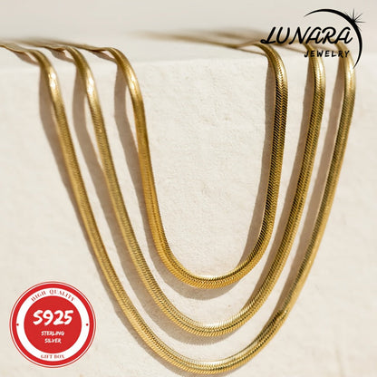 Collier chaîne serpent herringbone plaqué or 24 carats, argent sterling 925, chaîne plate 3,5 mm pour femmes et hommes, boîte cadeau incluse, 45-60 cm