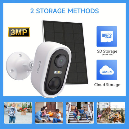 Caméra de sécurité extérieure solaire 3MP 1296P FHD – Batterie rechargeable, WiFi 2,4 GHz, détection de mouvement IA, projecteur, étanchéité IP65, vision nocturne couleur, audio bidirectionnel, stockage Cloud et carte SD