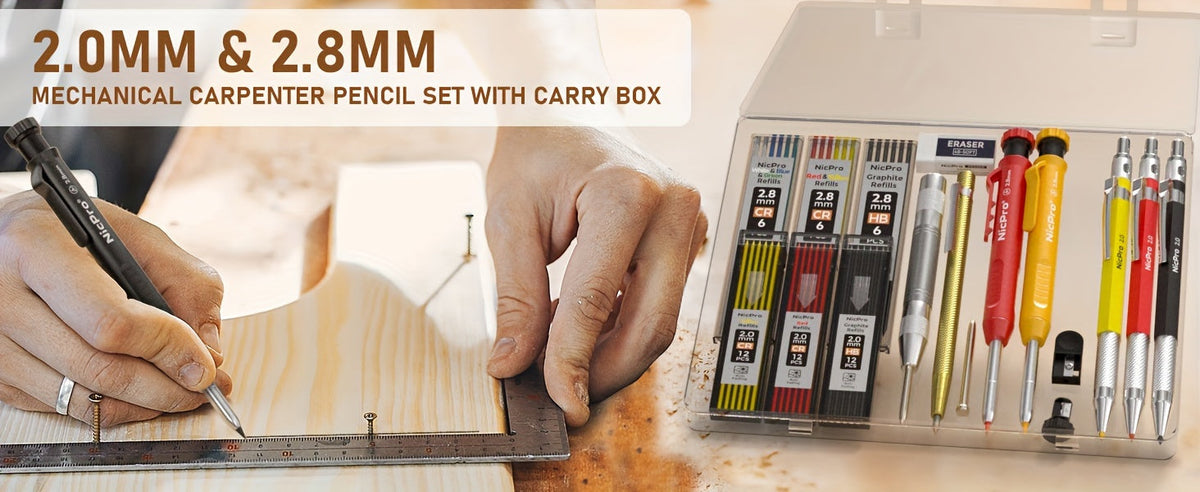 Ensemble de crayons de charpentier avec taille-crayon – Porte-mines avec recharges, pointeau automatique et pointe à tracer au carbure dans un étui robuste, kit de marquage professionnel de 15/16/17/18/27 pièces pour le travail du bois