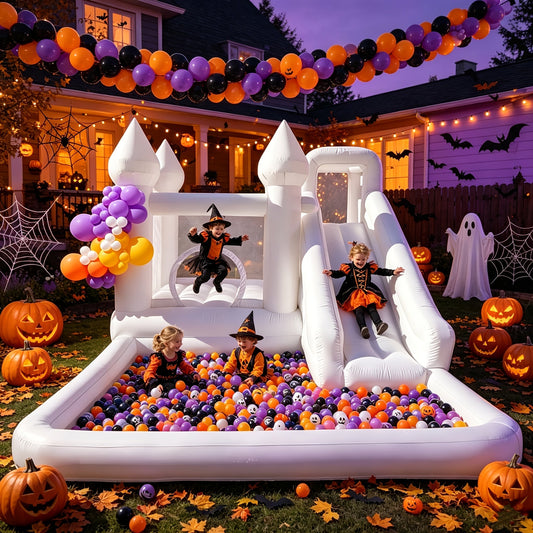 Château gonflable avec souffleur pour enfants 13x10x8 pi – Château gonflable blanc pour jardin, piscine à balles, fêtes et mariages, tissu Oxford, parois en filet, installation en 2 min, capacité de 200 lb
