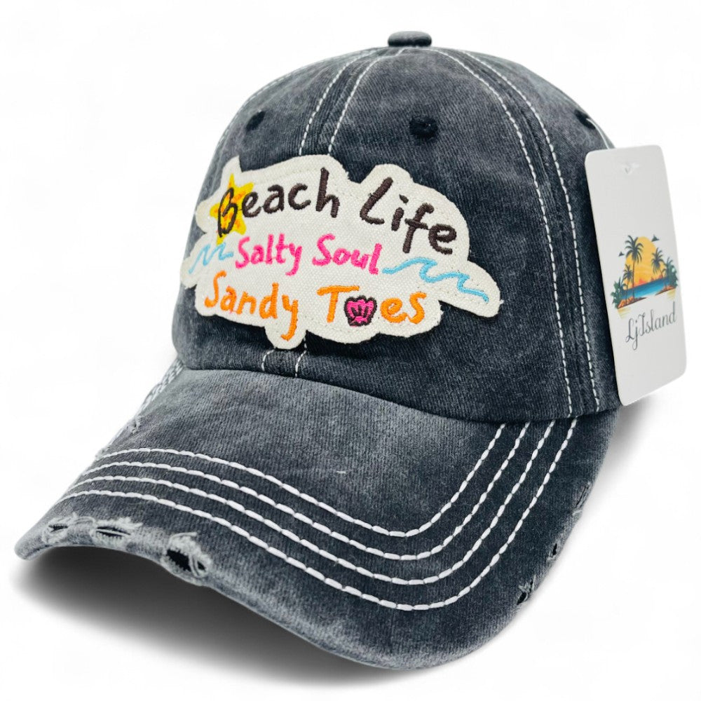 Casquette de baseball brodée, style vintage effet usé, motif « Beach Life Salty Soul Sandy Toes » – Design d'artiste local, 100 % coton, protection UV, réglable, chapeau de soleil côtier, cadeau pour amoureux de la plage