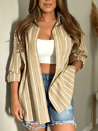 Chemise rayée oversize à manches longues pour femme - Blouse décontractée ample à col à revers avec poche, haut classique à rayures verticales bleu rose kaki S-XXL
