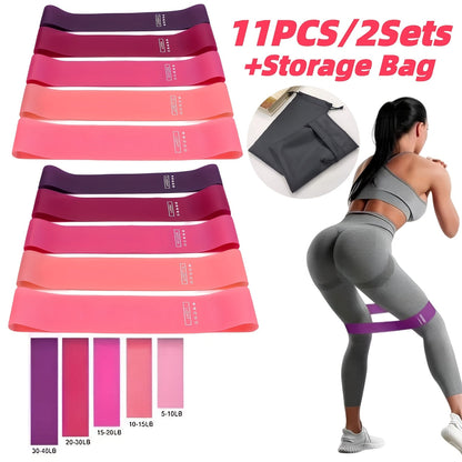 Kit de bandes de résistance 10-11 pièces en TPE pour femmes – Ensemble d'entraînement complet pour yoga, Pilates, gym et musculation, bandes d'exercice robustes pour squats profonds et étirements, rose avec sac de rangement