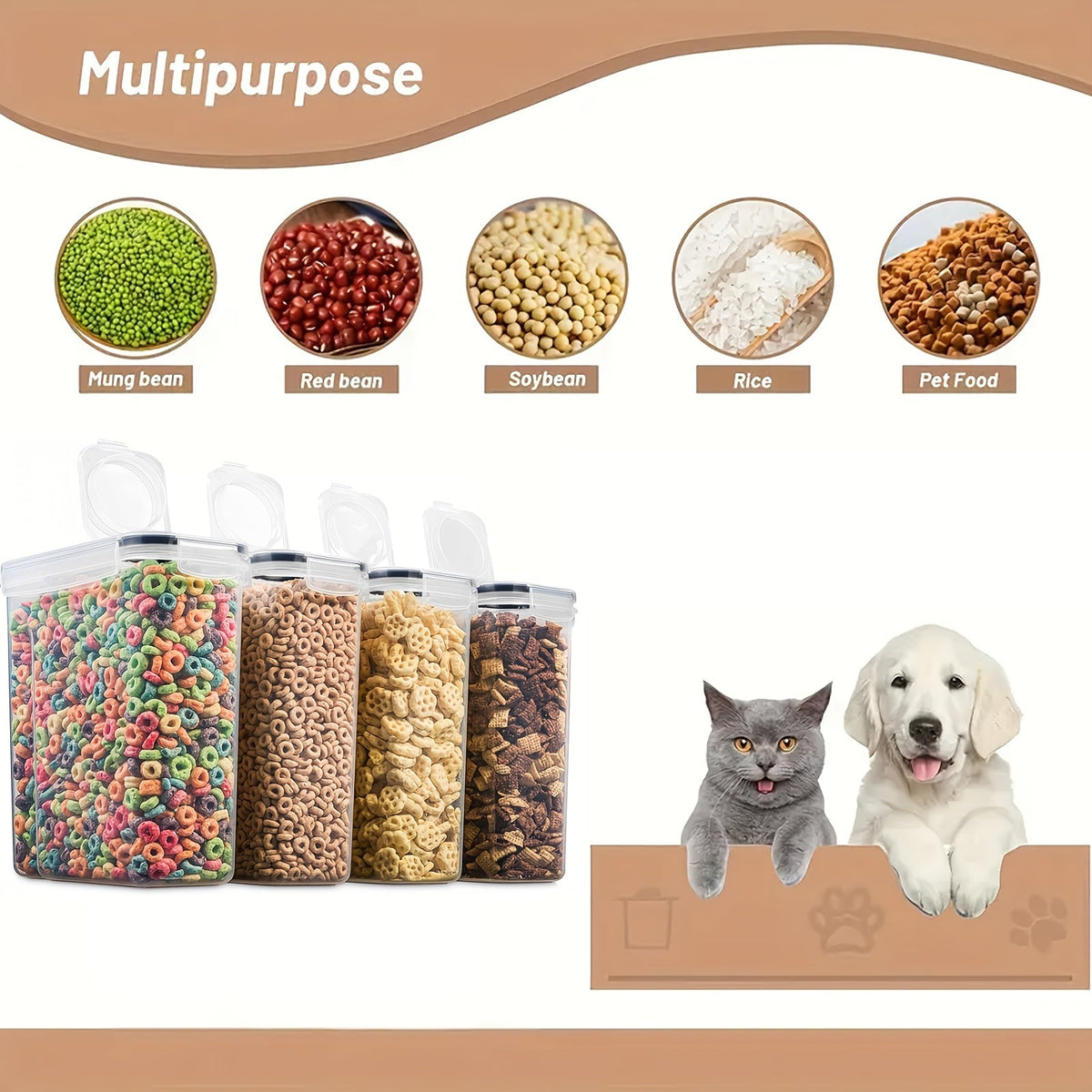 Lot de 4 boîtes de conservation hermétiques pour aliments avec cuillères colorées - Récipients en plastique sans BPA pour nourriture pour chien, chat, friandises, céréales, riz, graines et nourriture pour oiseaux - Set d'organisation de cuisine