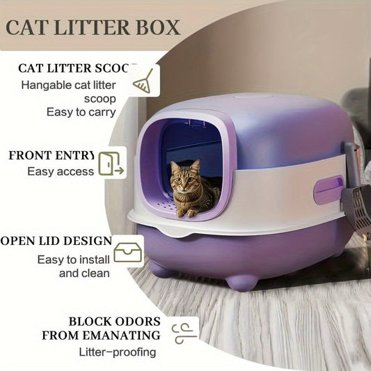 Grande litière fermée pour chat avec tiroir coulissant, anti-odeur, anti-éclaboussures, facile à nettoyer, toilette portable pour chat intérieur/extérieur avec pelle à litière, violet, gris, bleu, cadeau de vacances