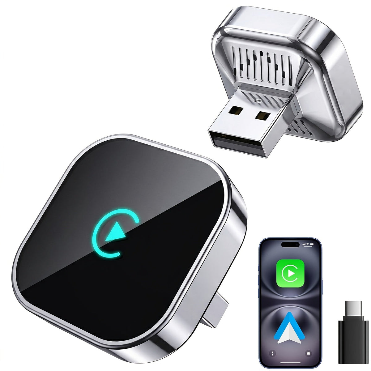 Adaptateur CarPlay sans fil, mini dongle version améliorée 2026 – 2-en-1 pour iPhone et Android Auto, conversion de filaire à sans fil, USB-A et USB-C, double bande à faible latence, connexion automatique, certifié FCC