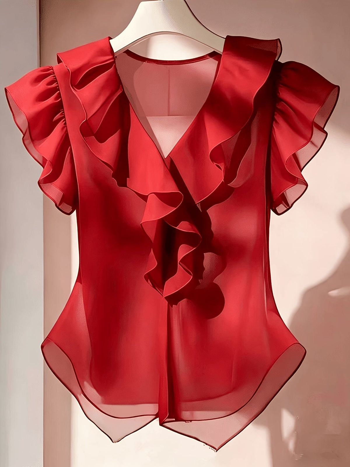Haut femme en mousseline à manches courtes et volants – Chemisier d'été décontracté coupe évasée, couleur unie, disponible en 21 coloris, 100 % polyester tissé