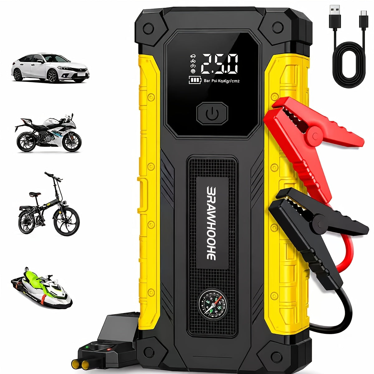 Démarreur de voiture 3000A 9-en-1 avec gonfleur de pneus intégré, ports USB et lampe de secours LED – Booster de batterie portable sans fil 12V pour voitures, camions et SUV – Outil d'urgence routière – Velora