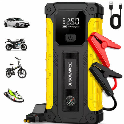 Démarreur de voiture 3000A 9-en-1 avec gonfleur de pneus intégré, ports USB et lampe de secours LED – Booster de batterie portable sans fil 12V pour voitures, camions et SUV – Outil d'urgence routière – Velora
