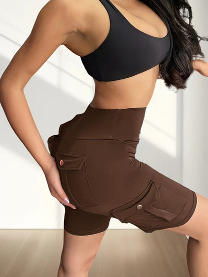 Shorts de yoga taille haute pour femme avec poches – Shorts de sport extensibles et doux, couleur unie, pour le yoga, la gym et la course, coupe flatteuse, vêtements de sport pour le printemps, l'été et l'automne