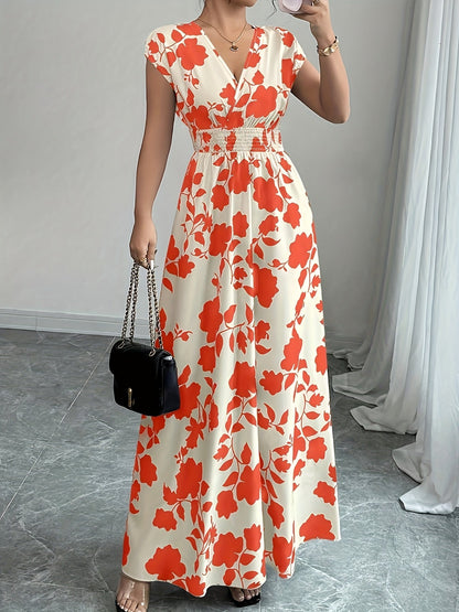 Robe longue florale rose pour femme - Col en V, manches courtes, taille cintrée, coupe trapèze | Robe fluide élégante, décontractée et habillée, pour le printemps et l'automne, nouveauté