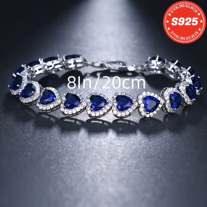 Bracelet pour femme en argent sterling S925, cœur bleu en moissanite complète – Style élégant et luxueux, cadeau idéal pour une sœur, une mère, un anniversaire, la Saint-Valentin et Noël