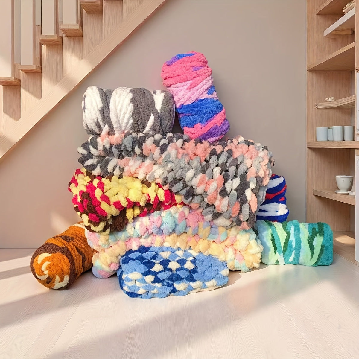 Fil chenille épais, 2 écheveaux de 500 g, laine pour tricot et crochet, rayé multicolore, polyester doux, extra épais, pelucheux, cadeau DIY pour femmes et hommes