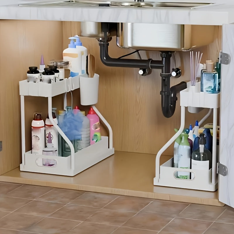 Lot de 2 organisateurs sous évier avec tiroirs coulissants – Rangement de placard durable pour salle de bain et cuisine, rangement vertical gain de place, disponible en noir et blanc