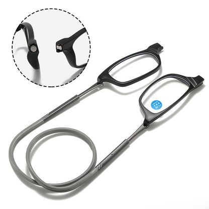 4 paires de lunettes de lecture magnétiques pliables à suspendre au cou pour hommes et femmes – Monture presbyte rétro carrée ultralégère, design télescopique anti-chute portable, puissances de +1,0 à +4,0 pour le port quotidien au bureau