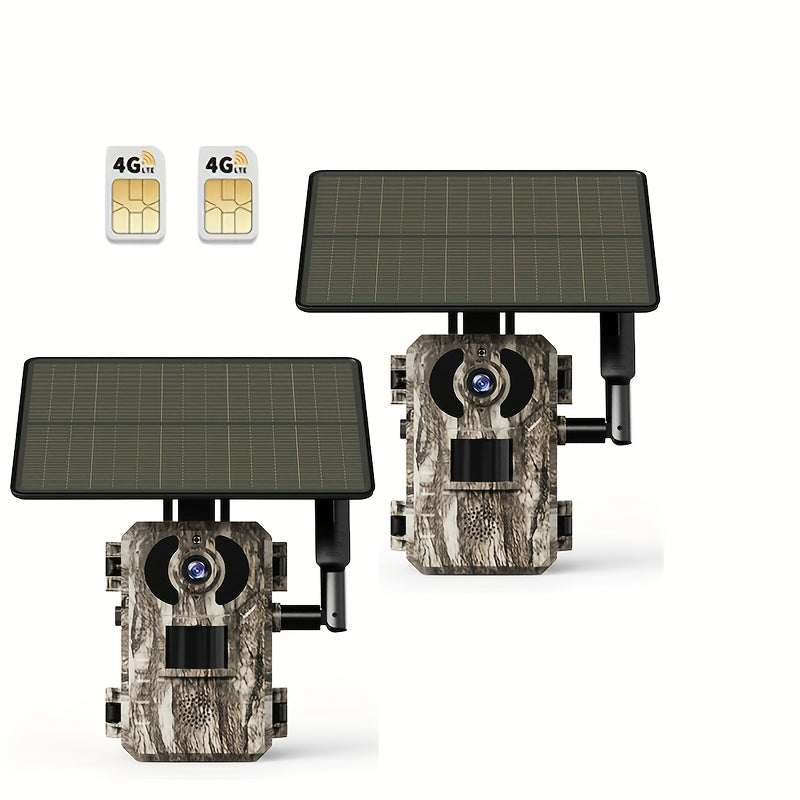 Caméra de chasse 4G sans Wi-Fi 2K 1440P à énergie solaire – Carte SIM intégrée, vision nocturne 23 m, déclenchement 0,2 s, batterie 7800 mAh, caméra de surveillance et de chasse extérieure sans fil pour zones isolées
